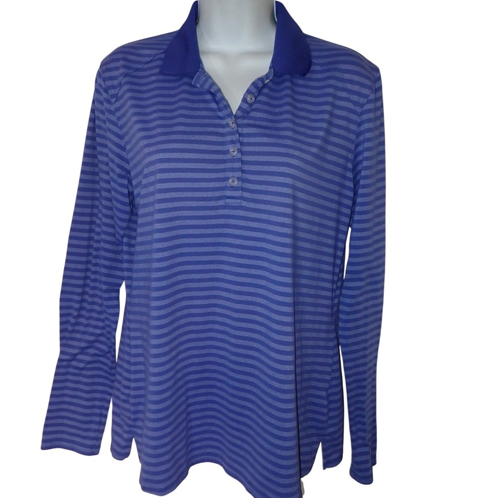 Coolibar‎ Polo Shirt Women M Blue Stripe Long Sleeve UPF 50+ UV Protection